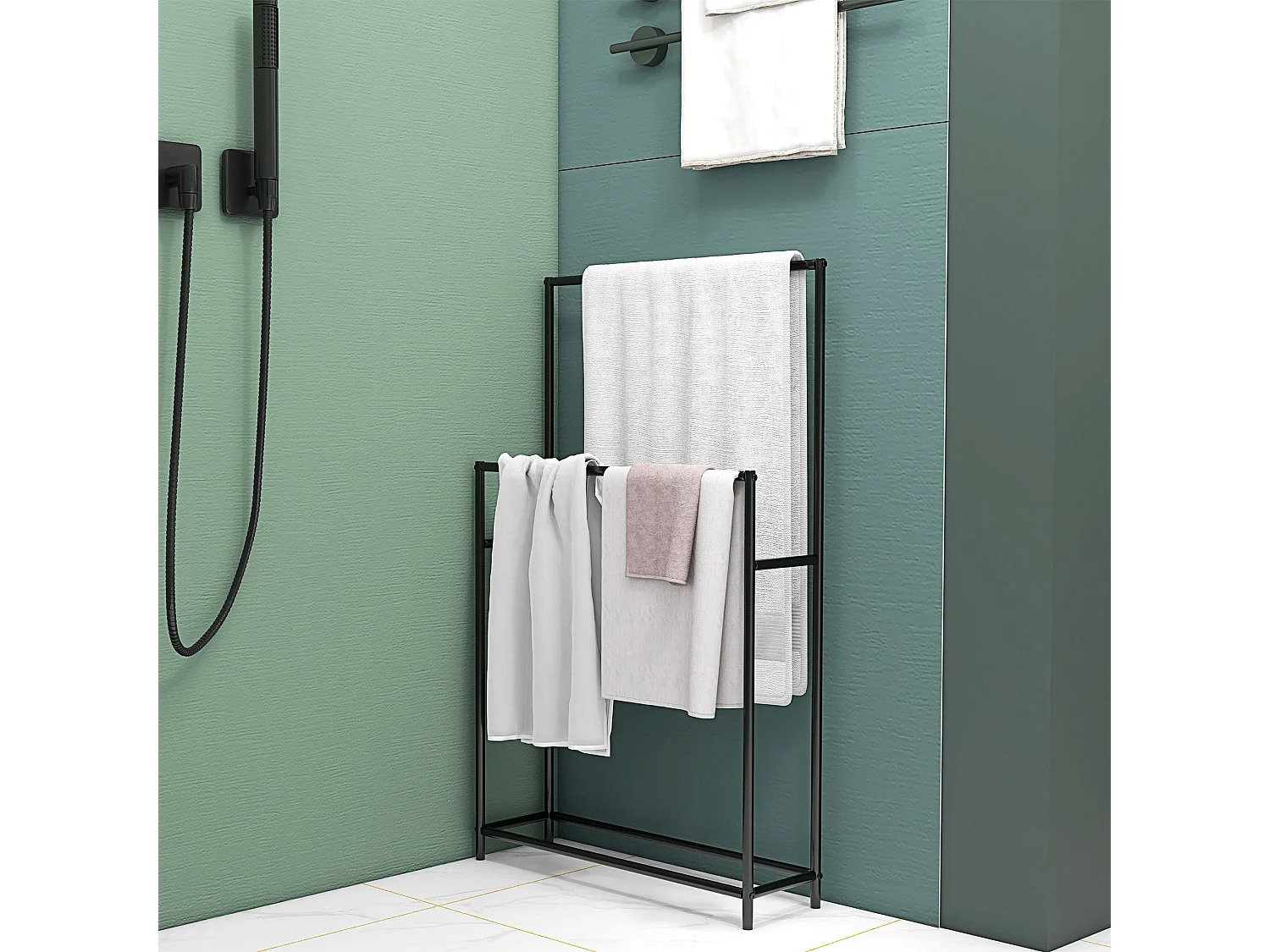 Toallero de pie Lanzarote Homcom 2 barras para colgar metal negro 110x66x20 cm