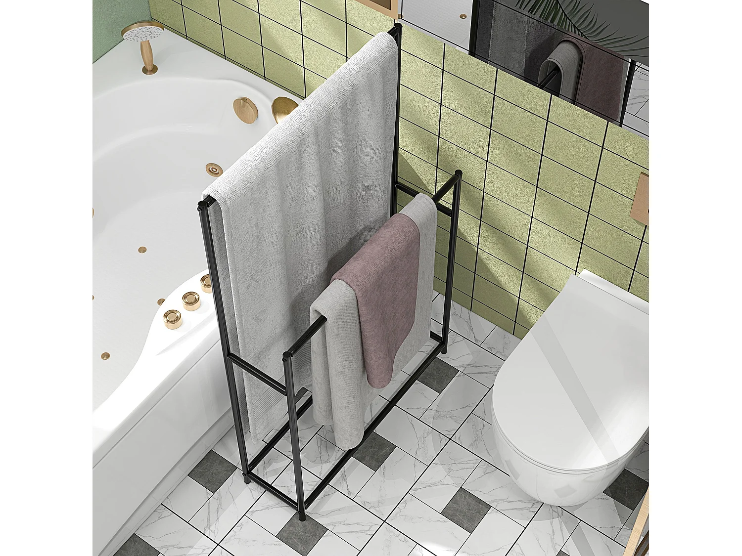 Toalheiro Moderno HOMCOM de Pé com 2 Níveis e Estrutura de Metal - Preto 66x20x110 cm