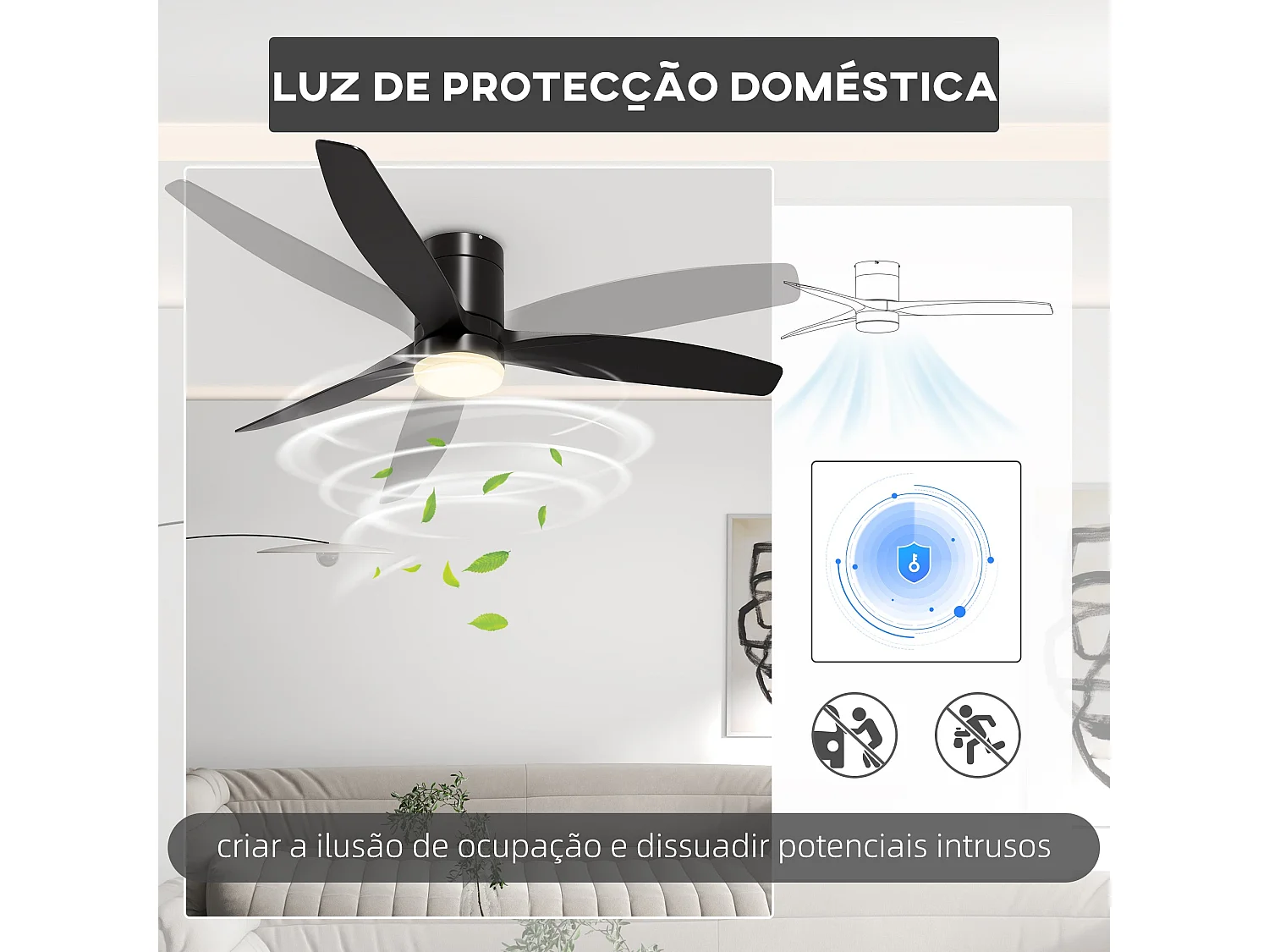 Ventoinha de Teto HOMCOM com Luz LED - Silenciosa, 6 Velocidades, Temporizador e Controlo Remoto