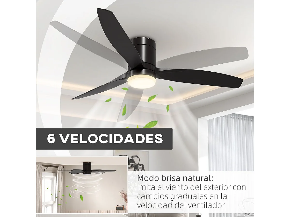 Ventoinha de Teto HOMCOM com Luz LED - Silenciosa, 6 Velocidades, Temporizador e Controlo Remoto