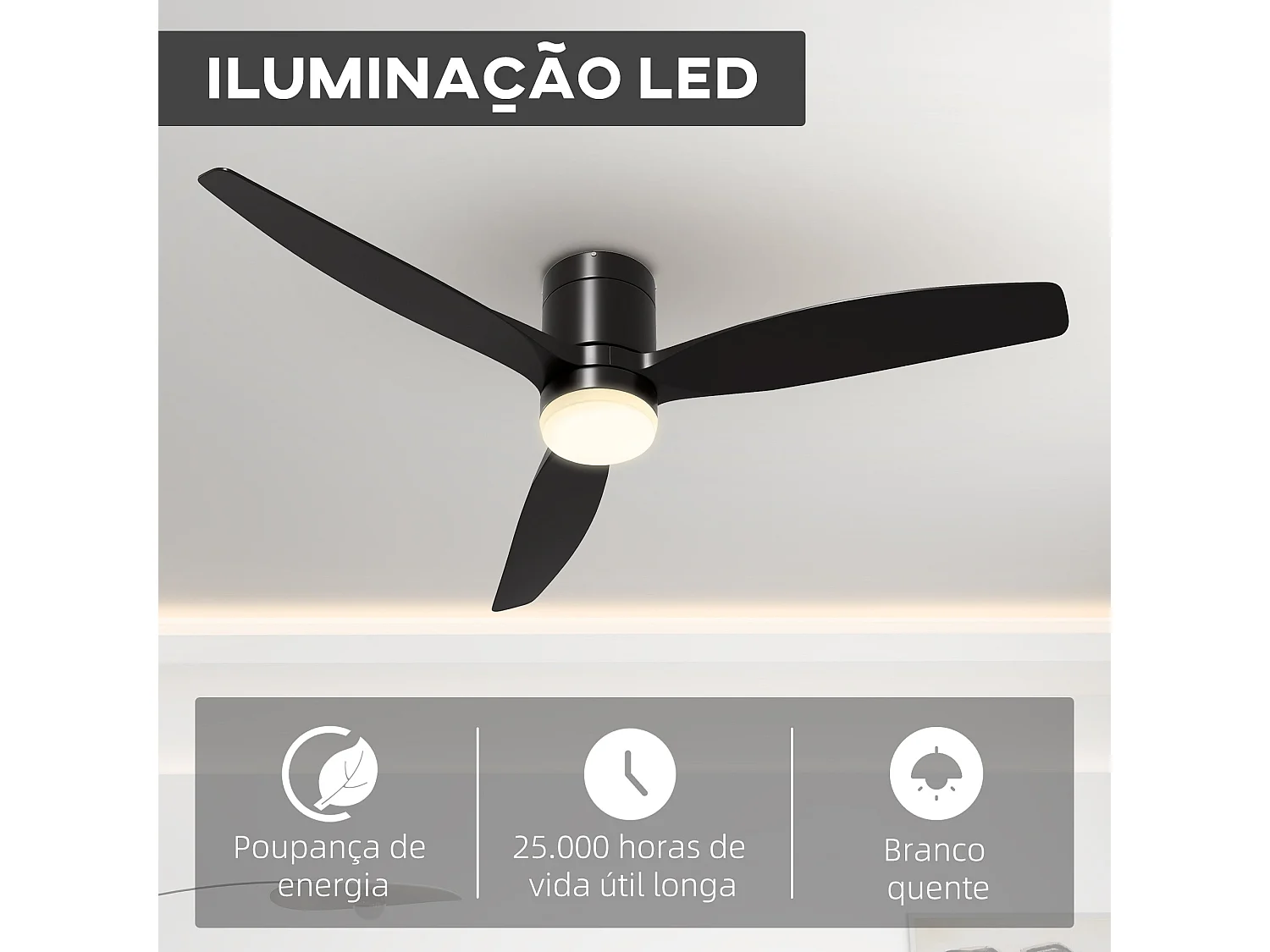 Ventoinha de Teto HOMCOM com Luz LED - Silenciosa, 6 Velocidades, Temporizador e Controlo Remoto