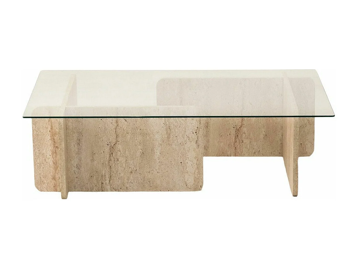 Table basse design Kindy D105cm Verre Transparent et Effet travertin Beige