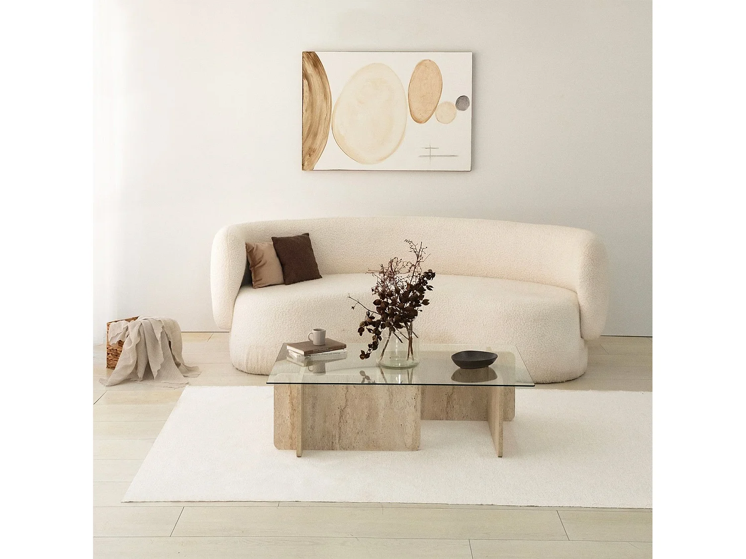 Table basse design Kindy D105cm Verre Transparent et Effet travertin Beige