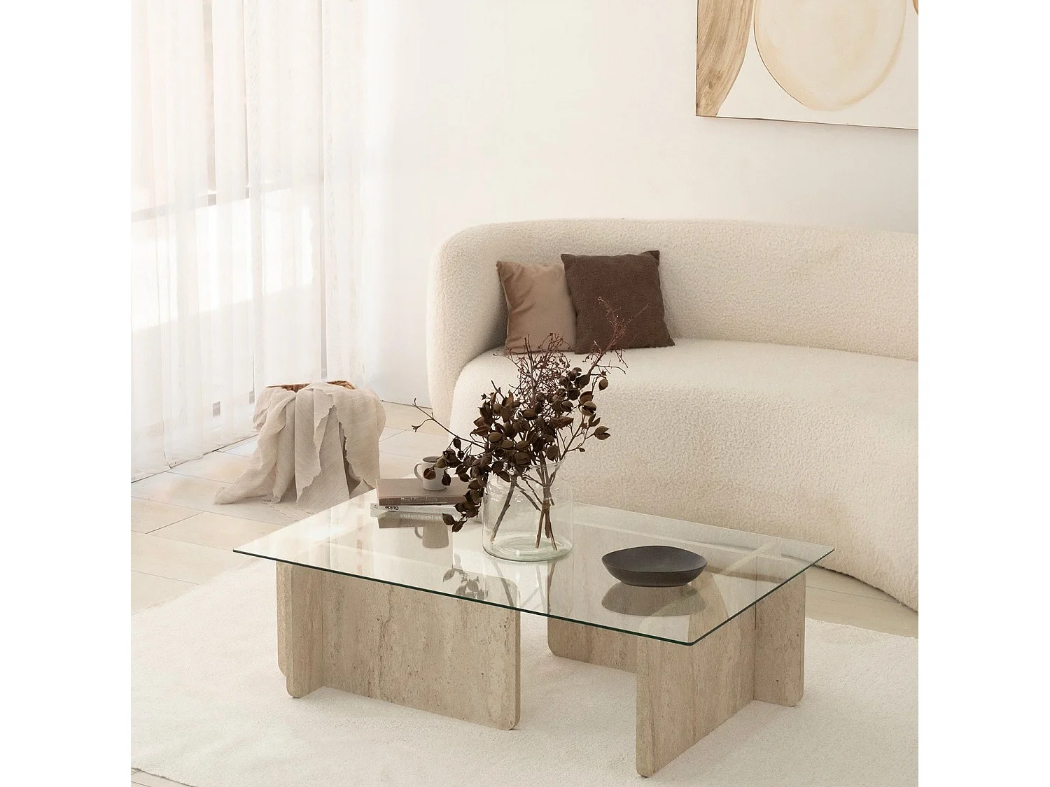 Table basse design Kindy D105cm Verre Transparent et Effet travertin Beige