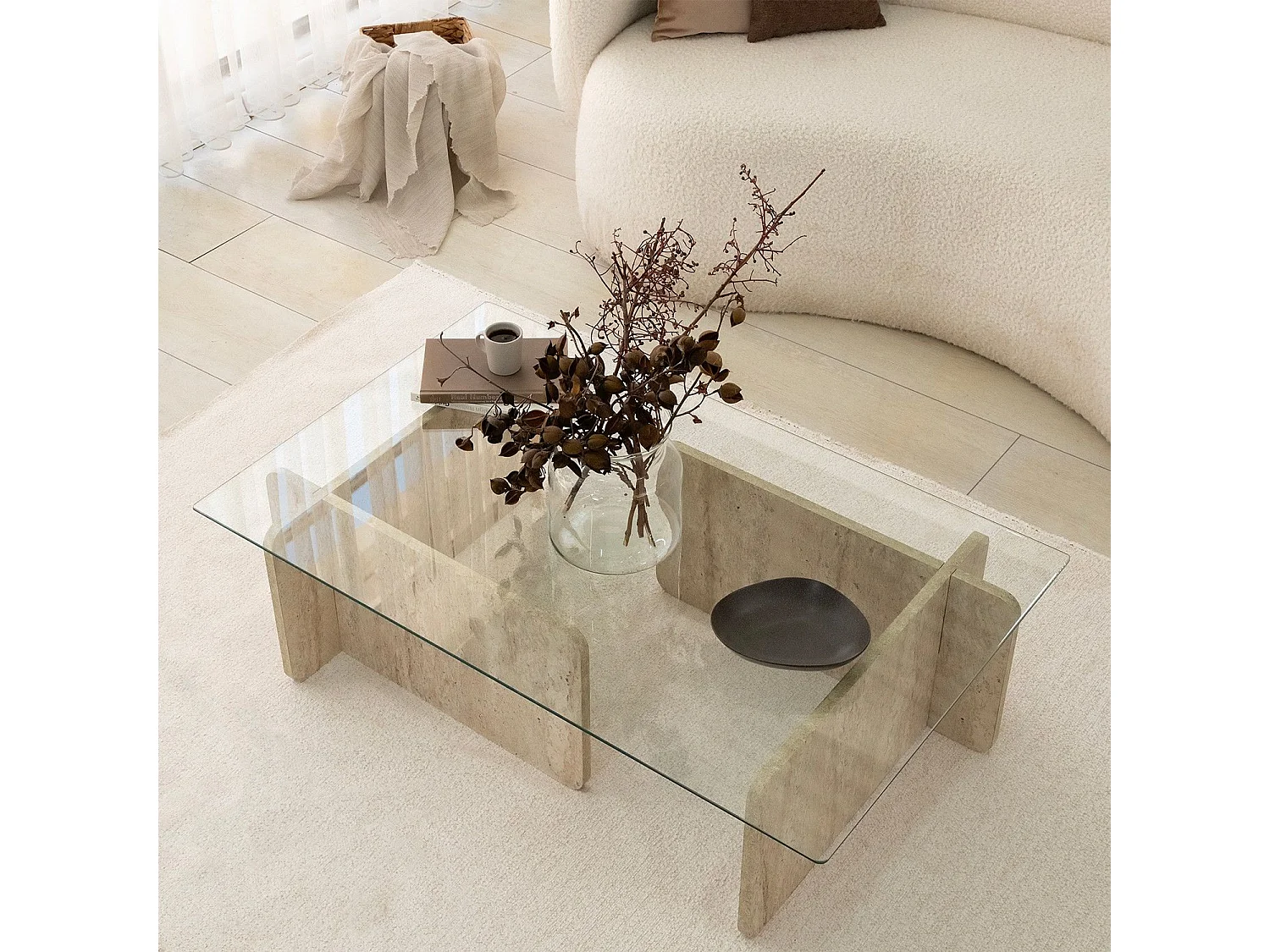 Table basse design Kindy D105cm Verre Transparent et Effet travertin Beige