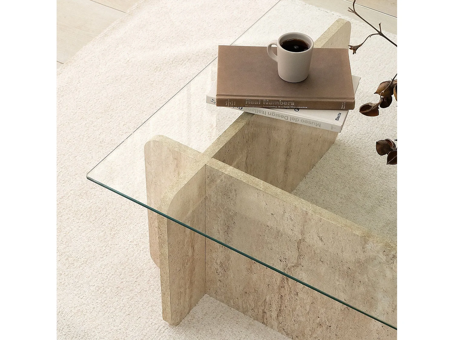 Table basse design Kindy D105cm Verre Transparent et Effet travertin Beige