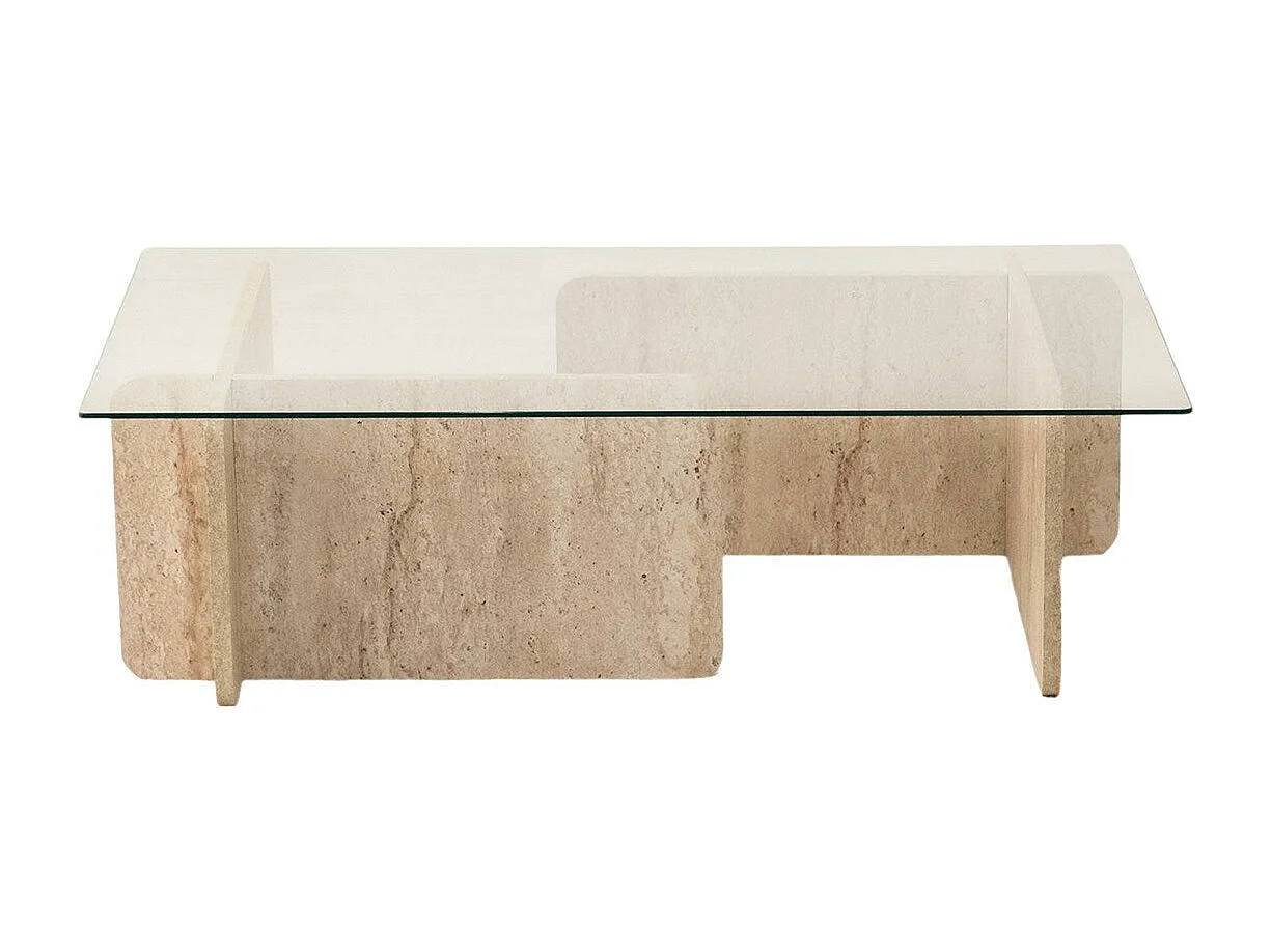 Table basse design Kindy D105cm Verre Transparent et Effet travertin Beige