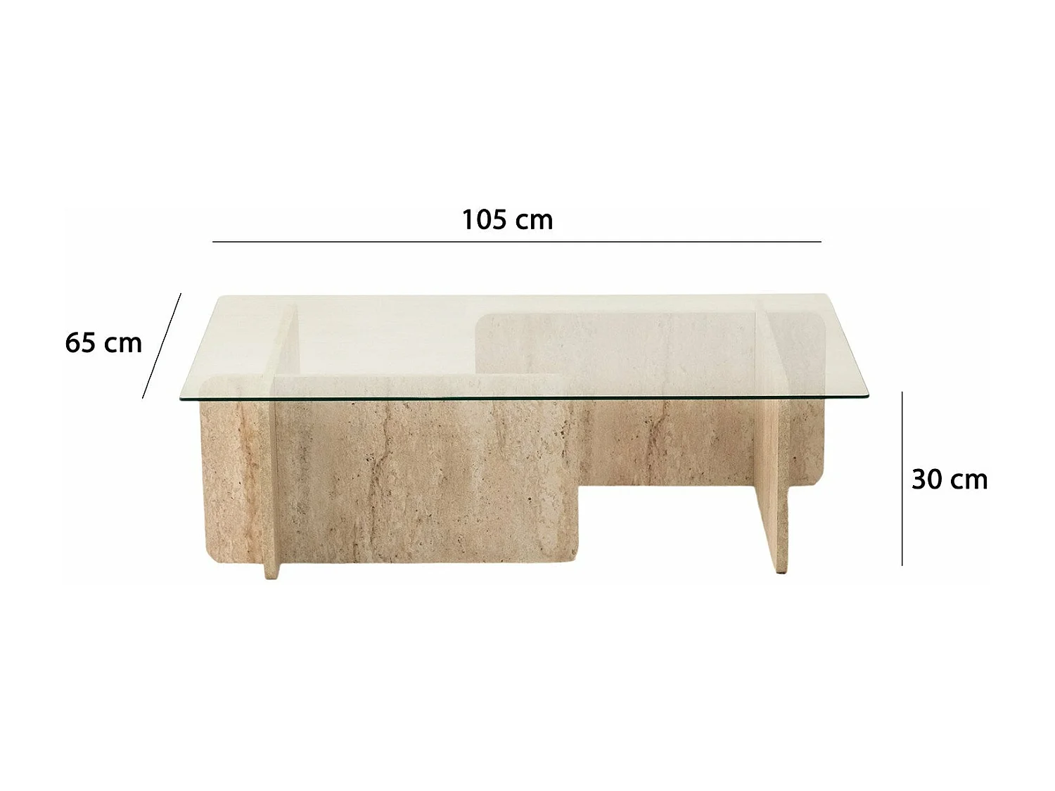 Table basse design Kindy D105cm Verre Transparent et Effet travertin Beige