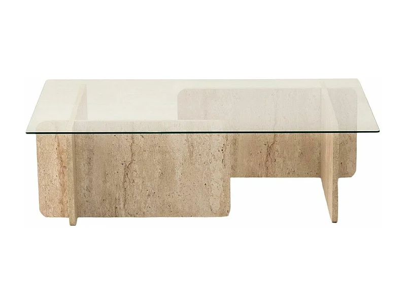 Table basse design Kindy D105cm Verre Transparent et Effet travertin Beige