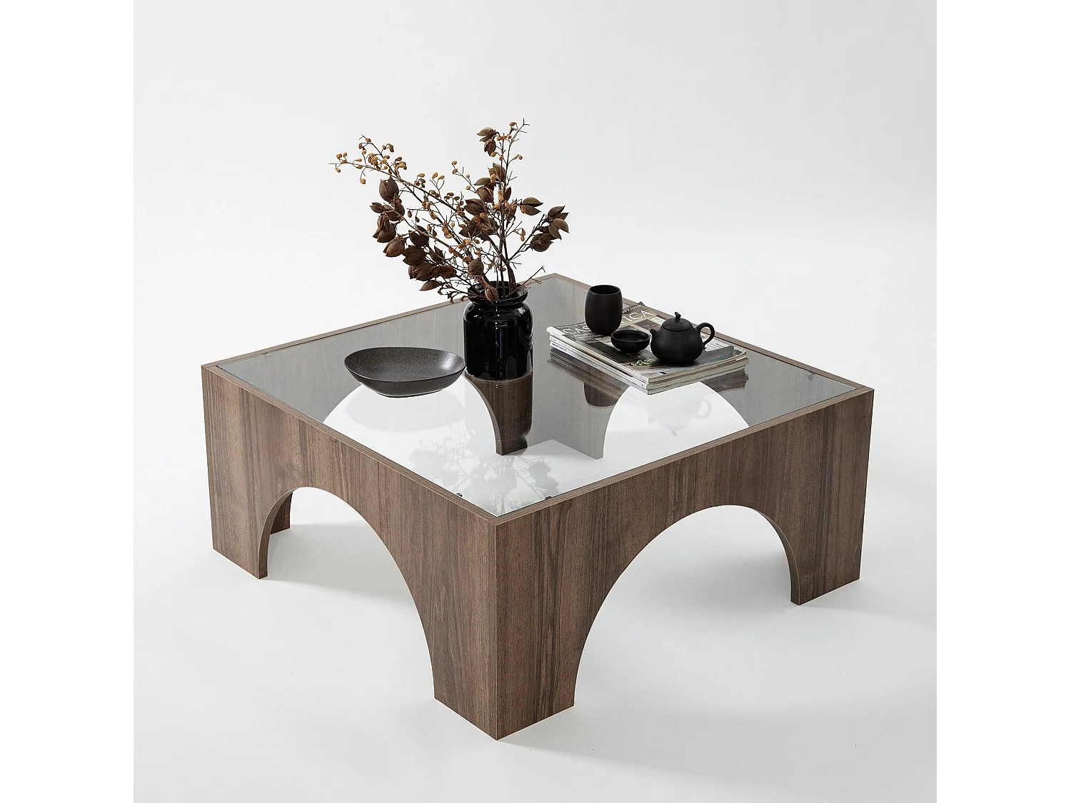 Table basse Vittina 80x80cm Bois foncé et Verre Transparent