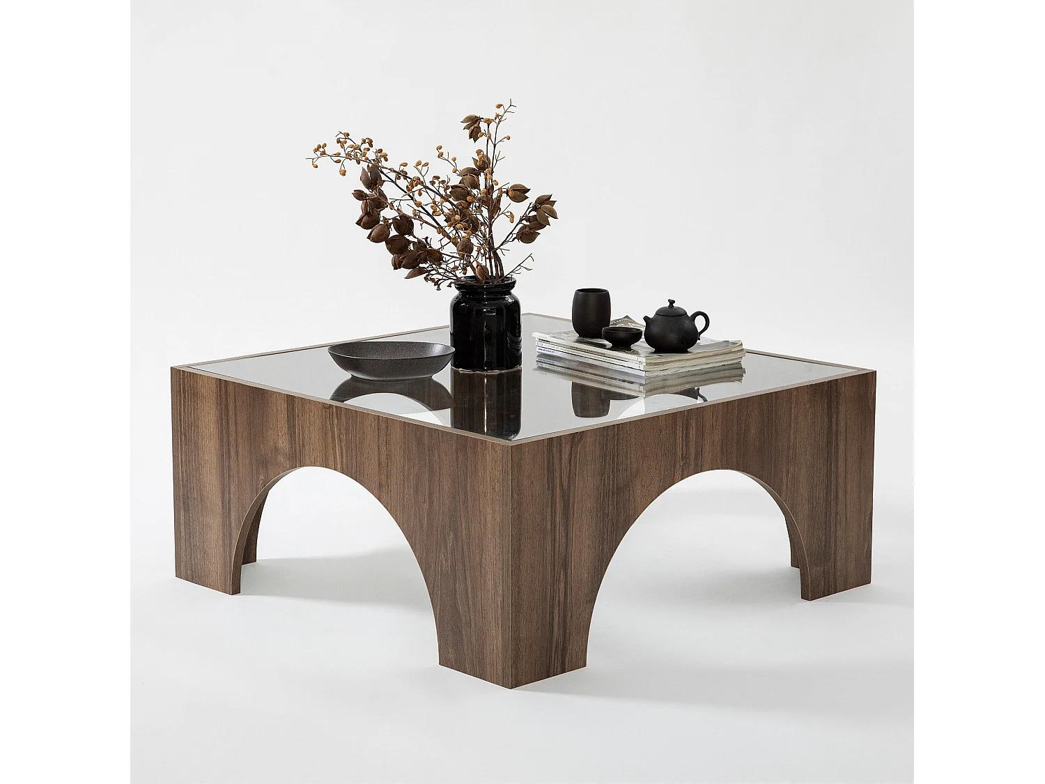 Table basse Vittina 80x80cm Bois foncé et Verre Transparent