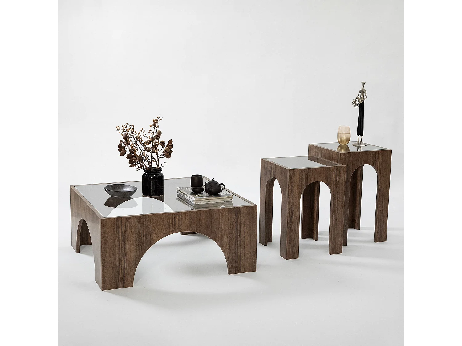 Table basse Vittina 80x80cm Bois foncé et Verre Transparent