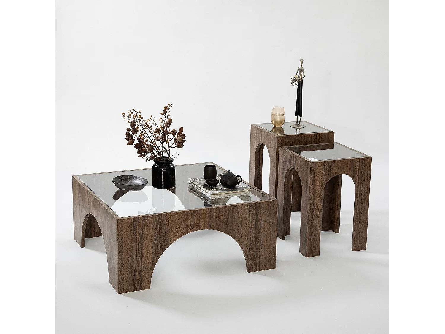 Table basse Vittina 80x80cm Bois foncé et Verre Transparent