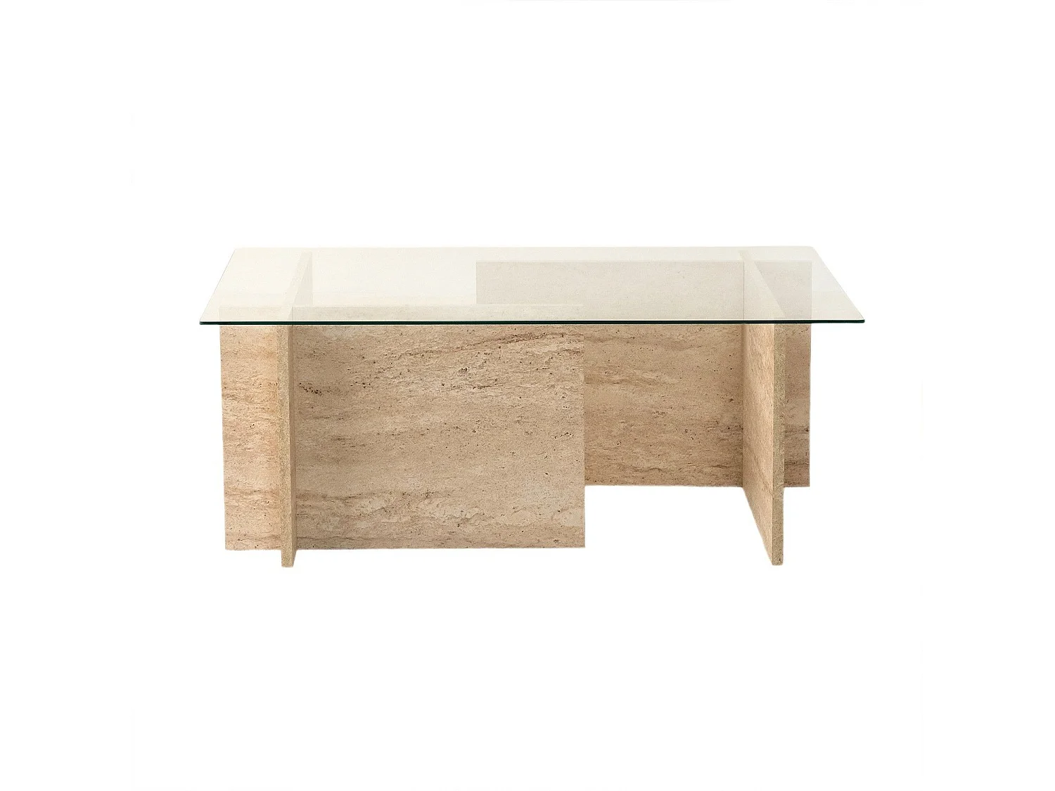 Table basse design Kinda L105cm Verre Transparent et Effet travertin Beige