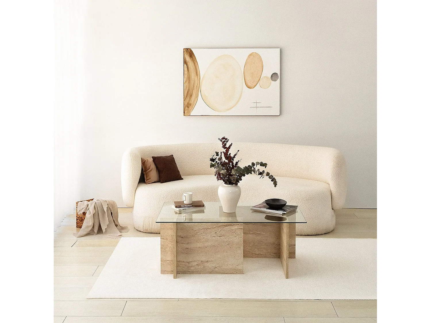 Table basse design Kinda L105cm Verre Transparent et Effet travertin Beige