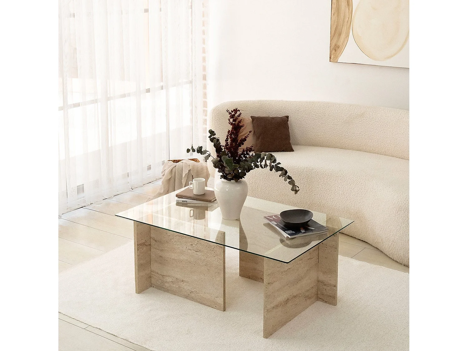 Table basse design Kinda L105cm Verre Transparent et Effet travertin Beige