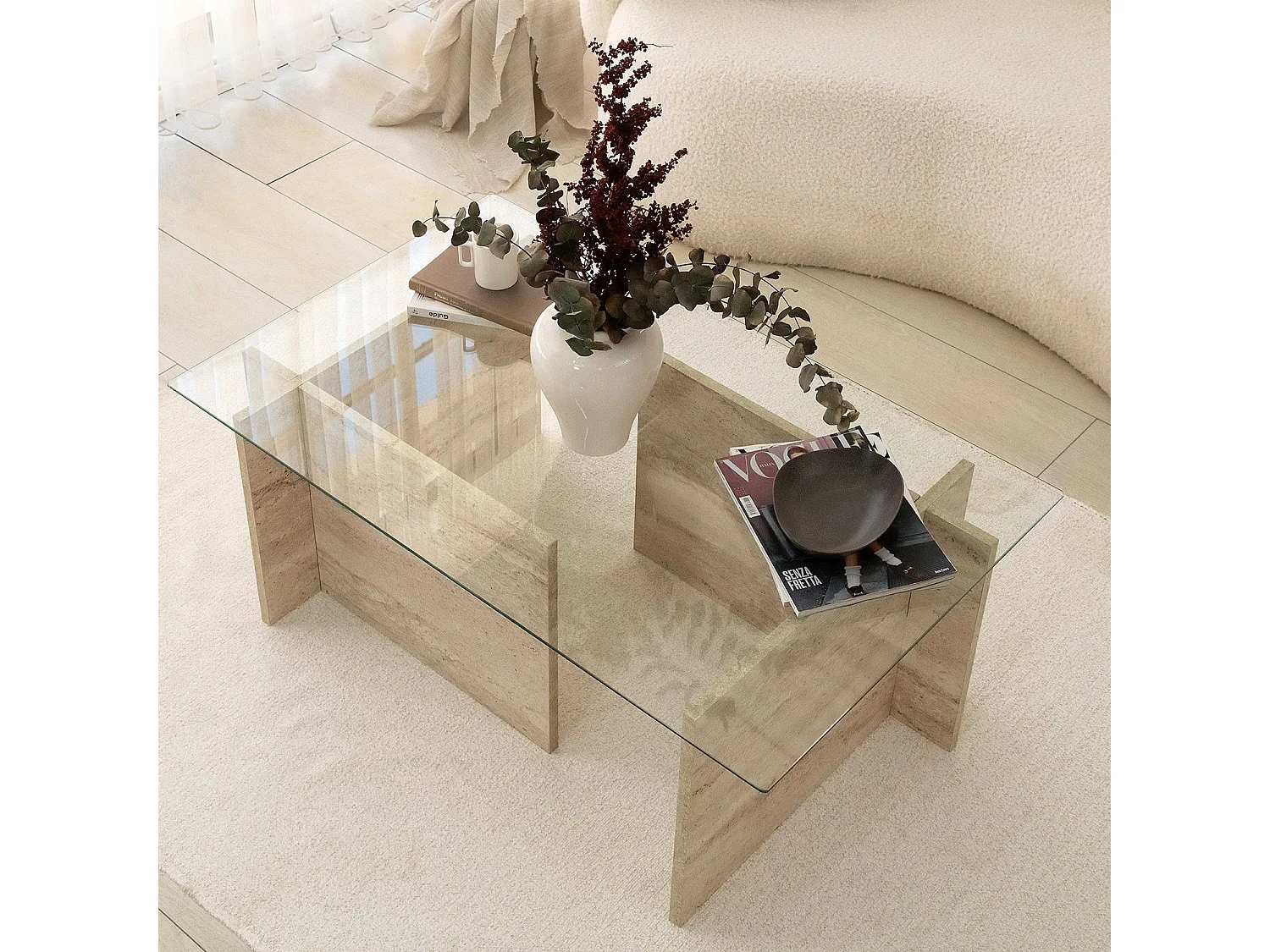 Table basse design Kinda L105cm Verre Transparent et Effet travertin Beige