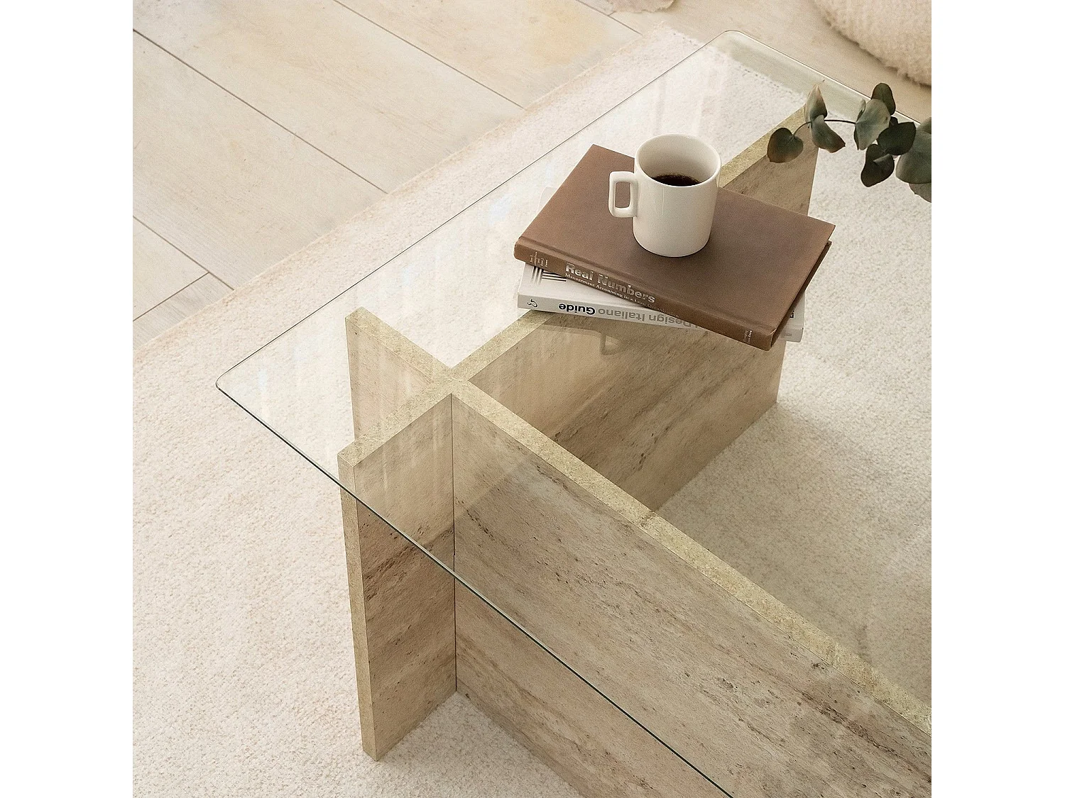 Table basse design Kinda L105cm Verre Transparent et Effet travertin Beige