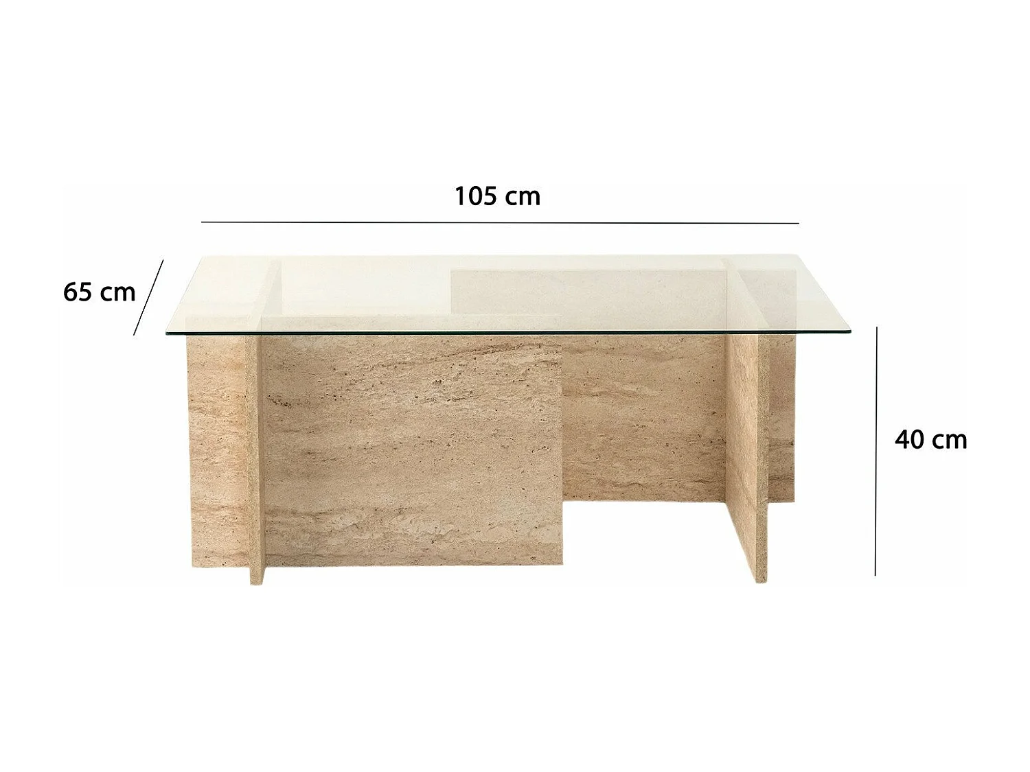 Table basse design Kinda L105cm Verre Transparent et Effet travertin Beige