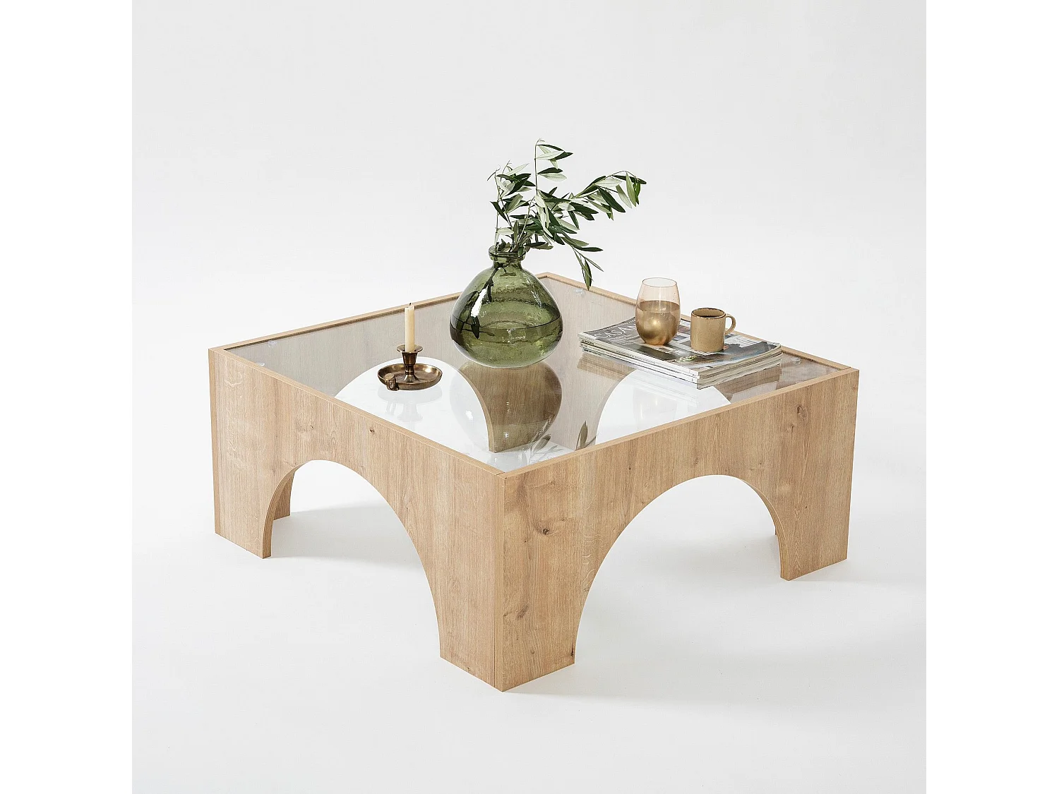 Table basse Vittina 80x80cm Bois Chêne clair et Verre Transparent