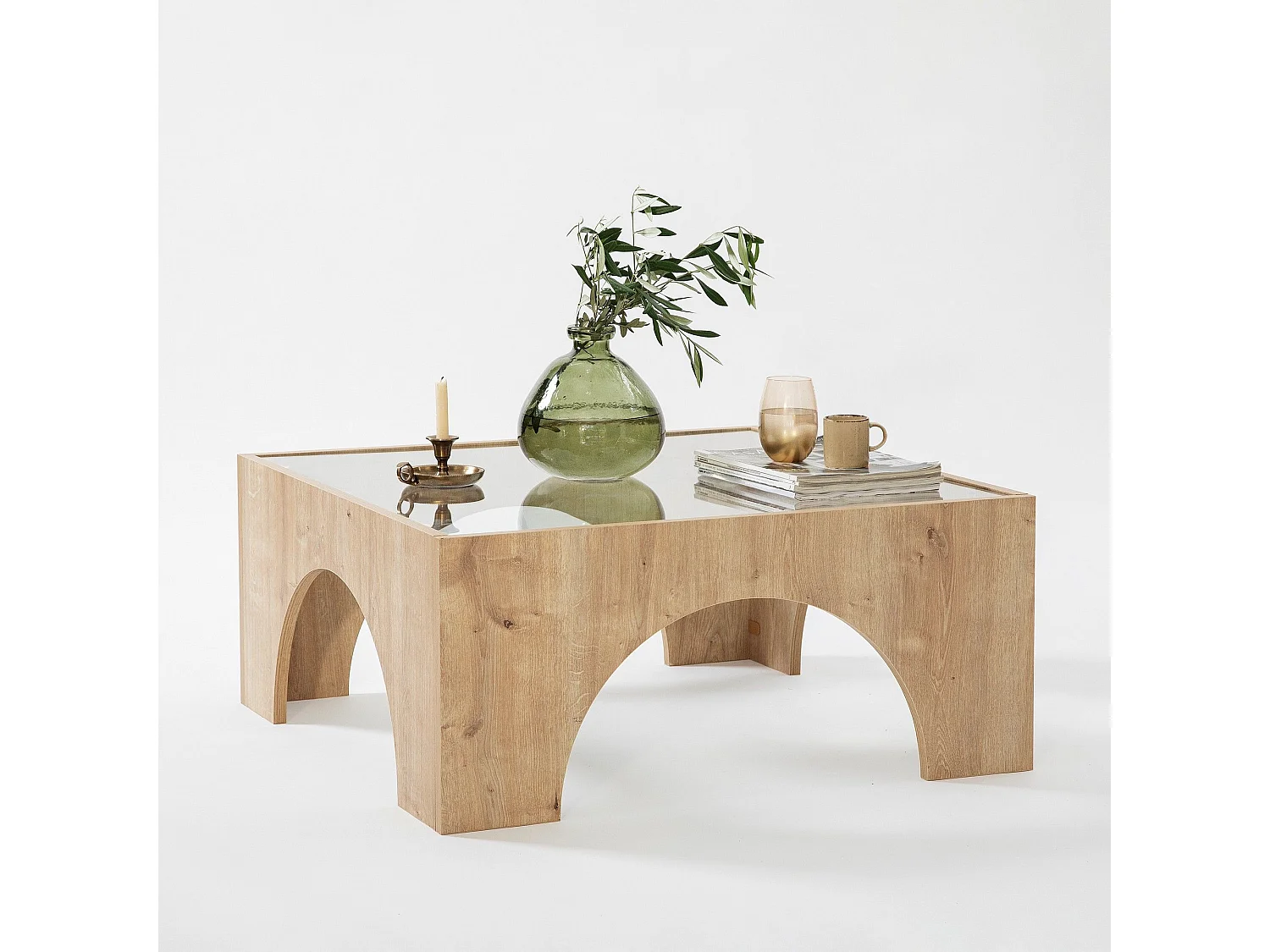 Table basse Vittina 80x80cm Bois Chêne clair et Verre Transparent