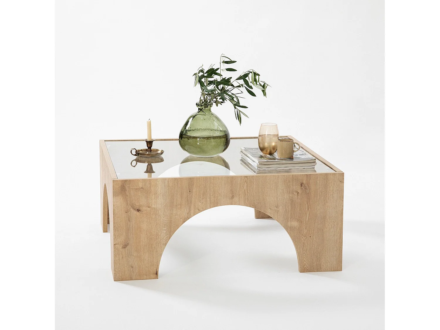 Table basse Vittina 80x80cm Bois Chêne clair et Verre Transparent