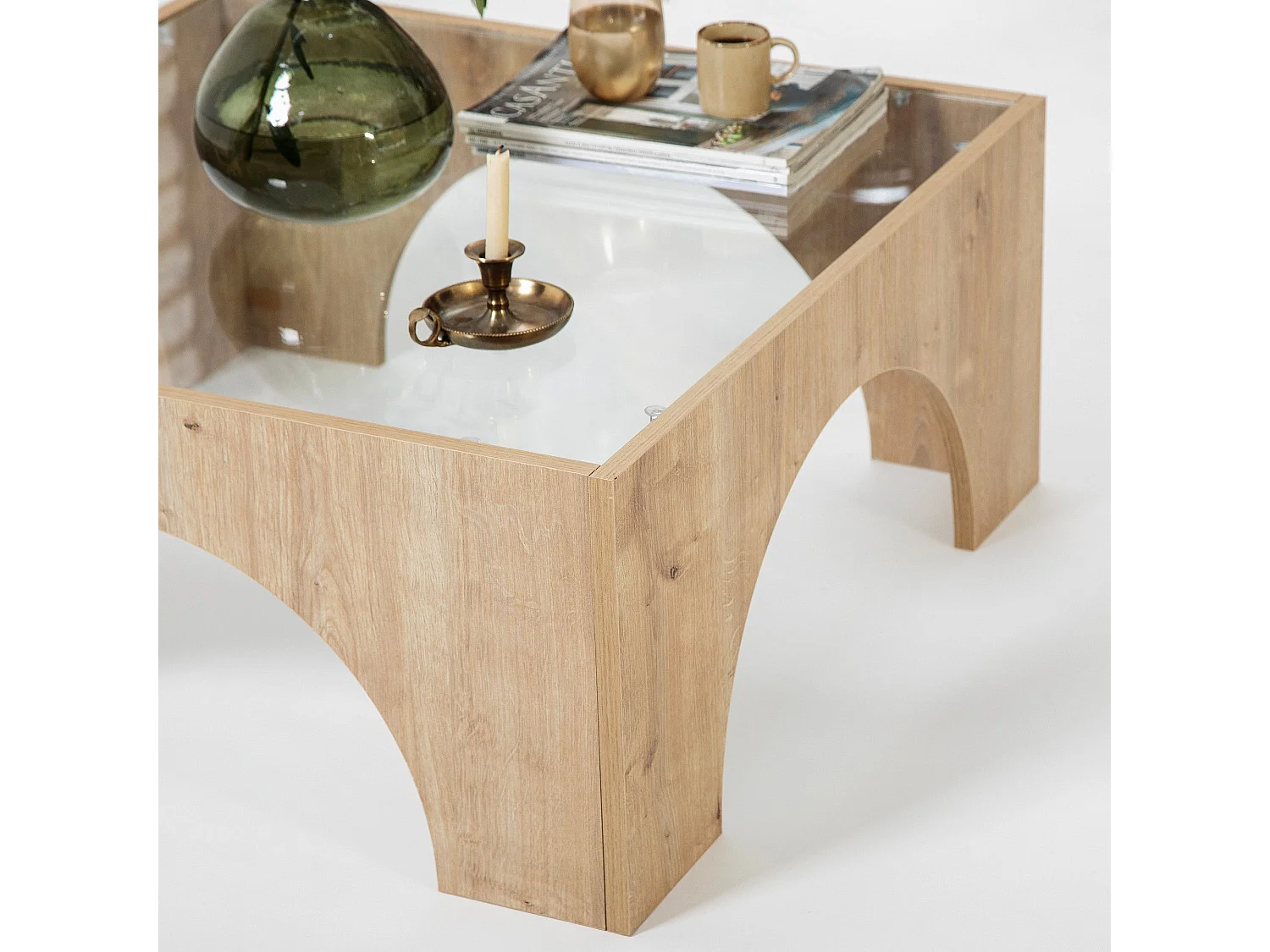 Table basse Vittina 80x80cm Bois Chêne clair et Verre Transparent
