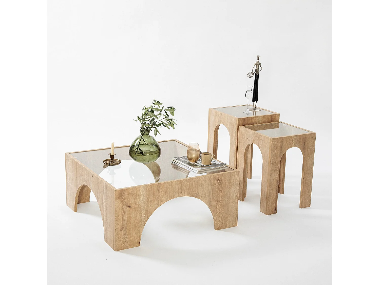 Table basse Vittina 80x80cm Bois Chêne clair et Verre Transparent