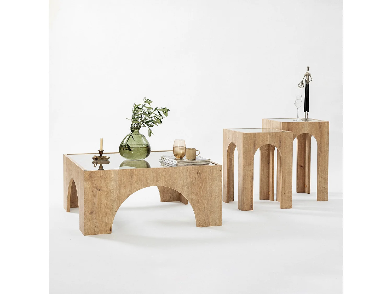 Table basse Vittina 80x80cm Bois Chêne clair et Verre Transparent