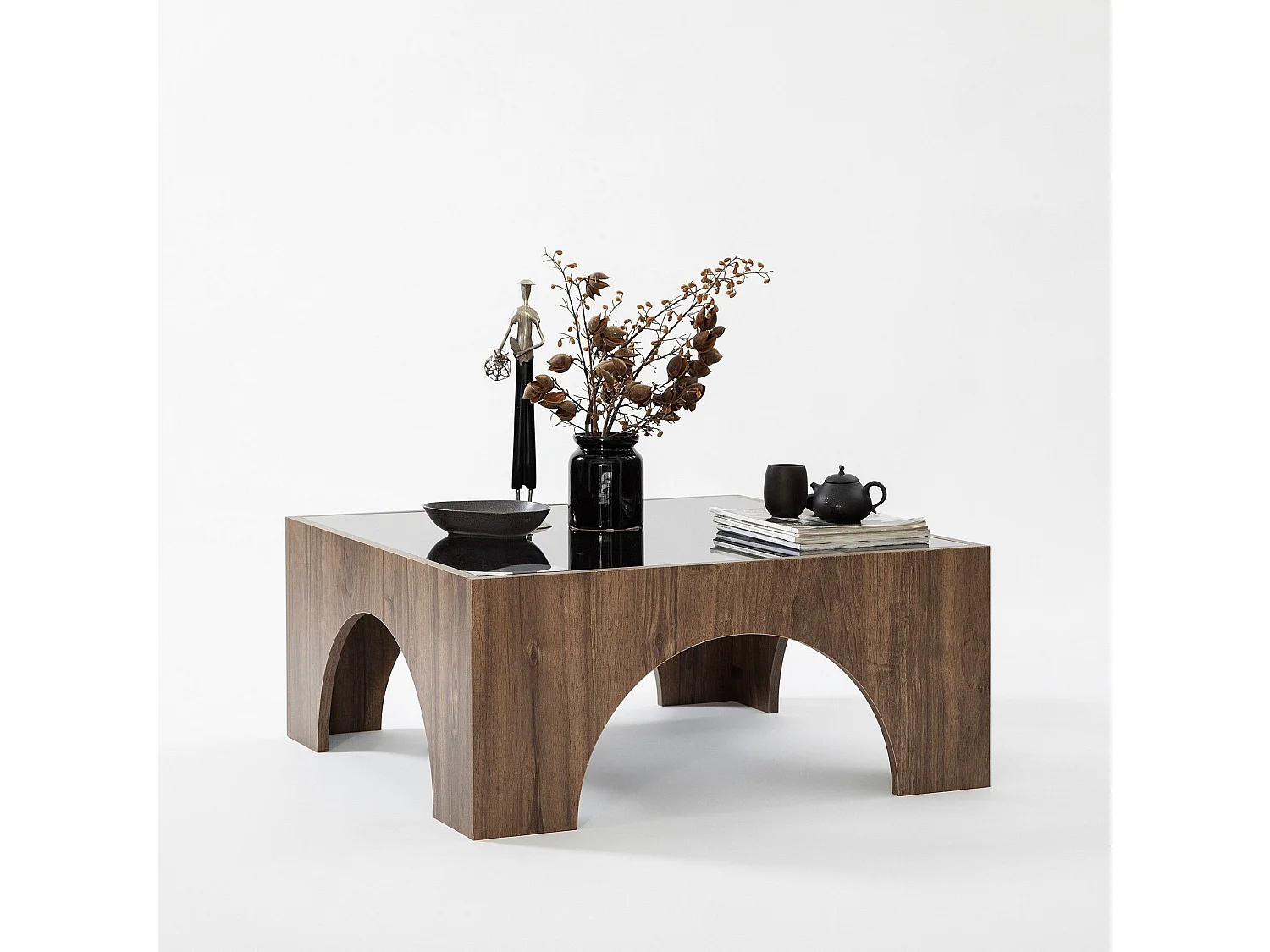 Table basse Vittina 80x80cm Bois foncé et Verre fumé Gris