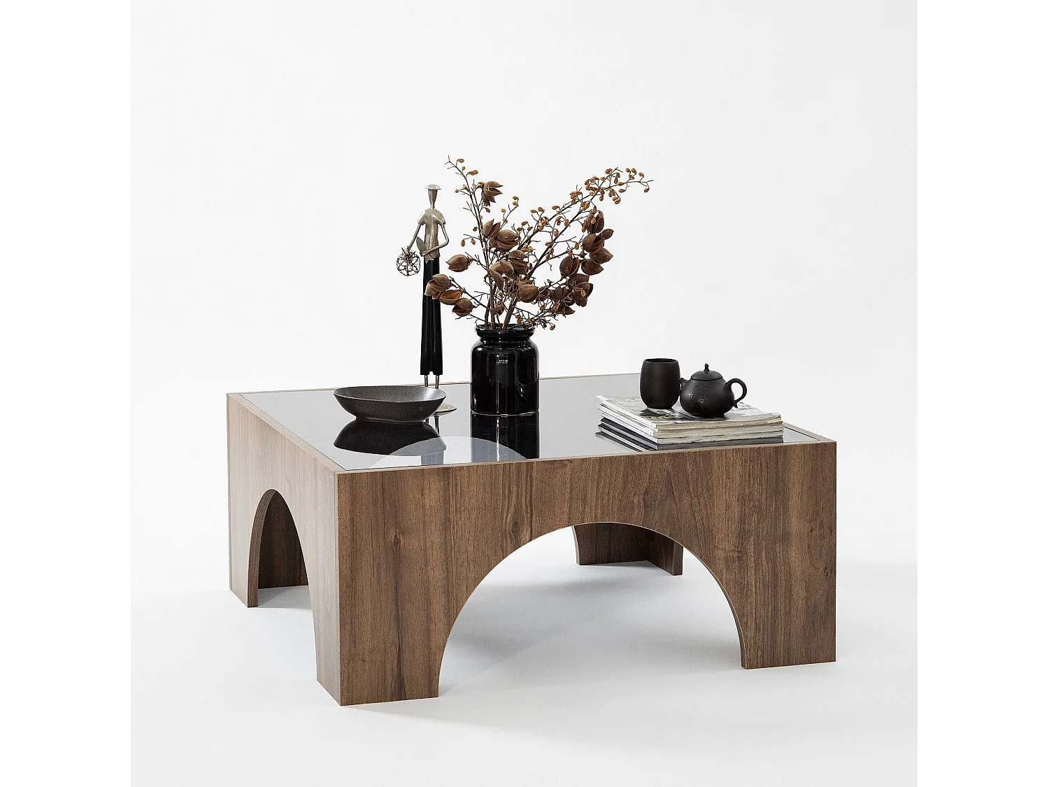 Table basse Vittina 80x80cm Bois foncé et Verre fumé Gris