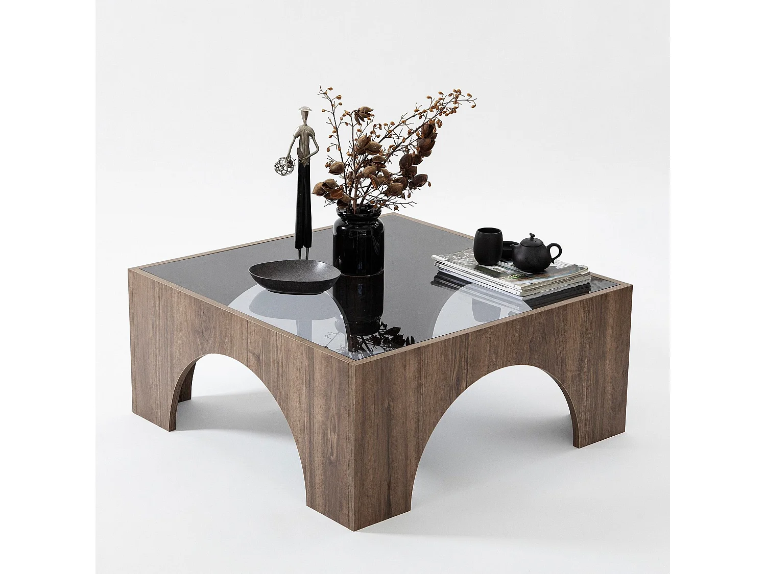 Table basse Vittina 80x80cm Bois foncé et Verre fumé Gris