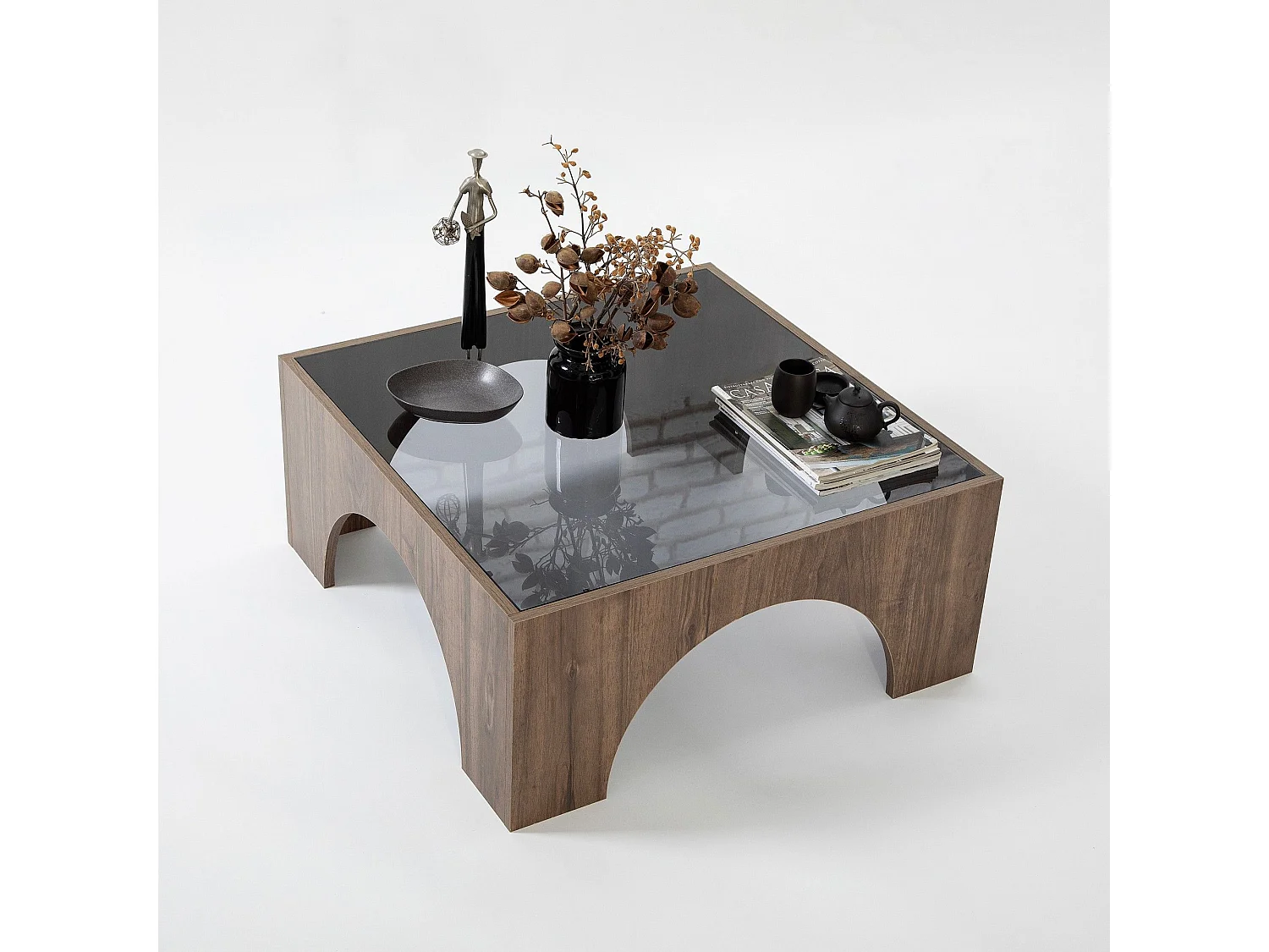 Table basse Vittina 80x80cm Bois foncé et Verre fumé Gris