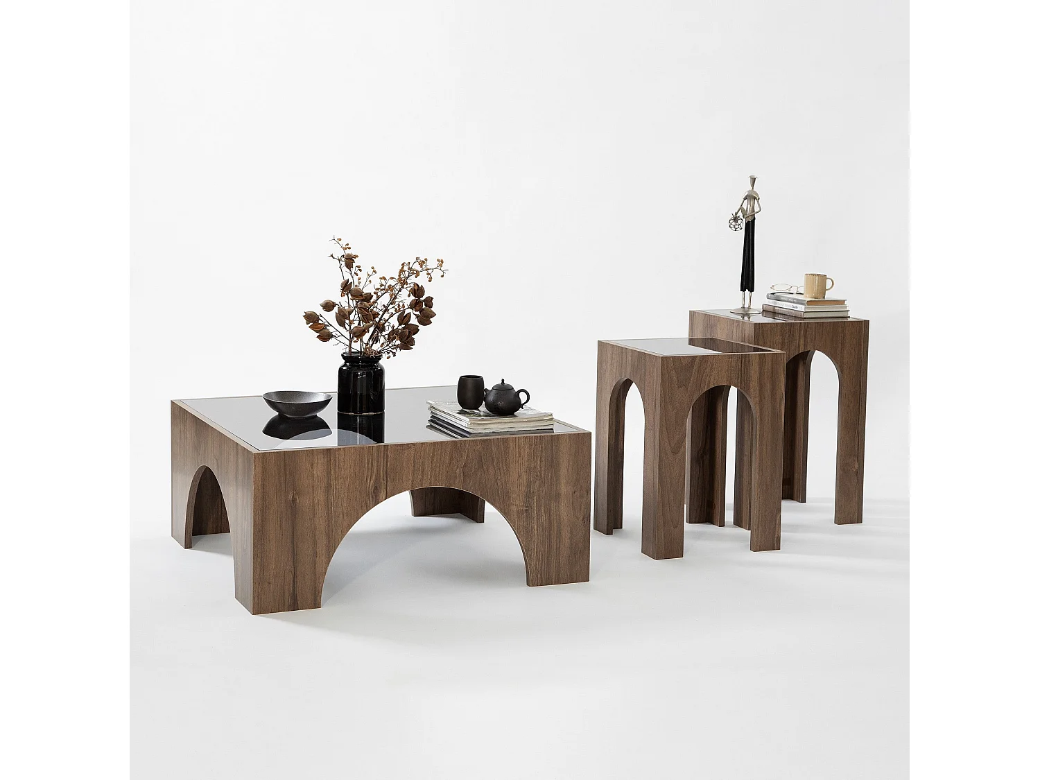 Table basse Vittina 80x80cm Bois foncé et Verre fumé Gris