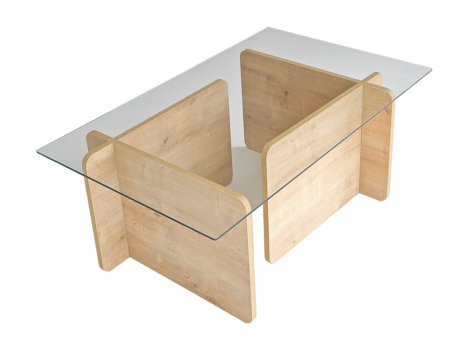Table basse design Gelpio 150x65cm Bois clair et Verre Transparent