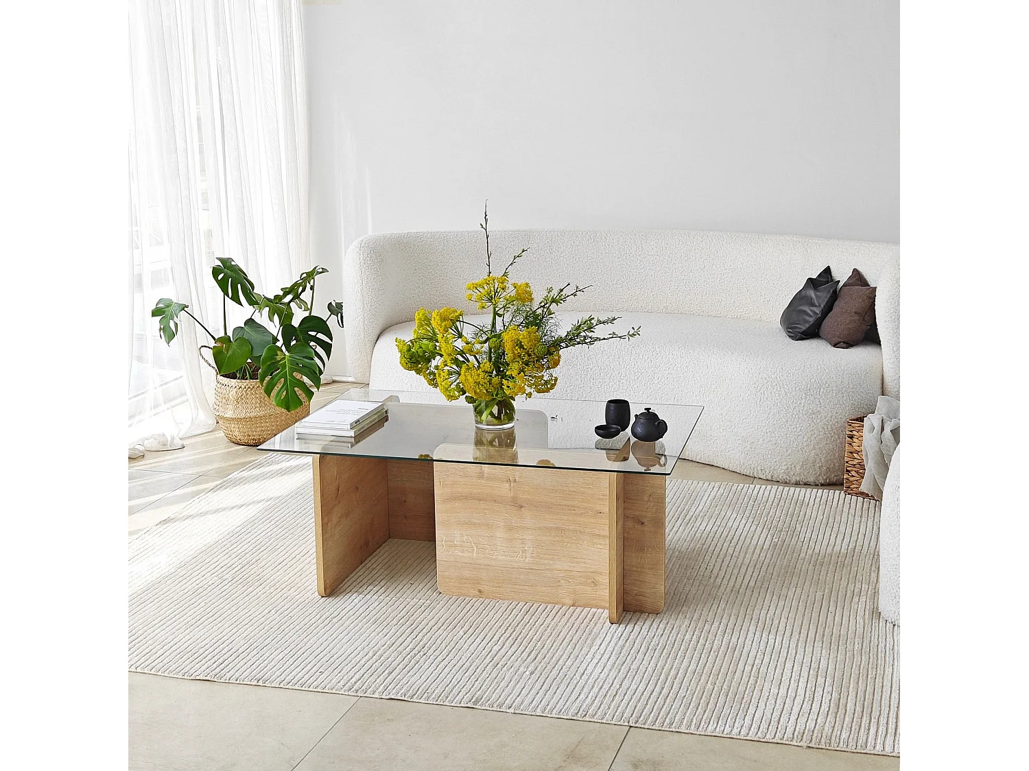 Table basse design Gelpio 150x65cm Bois clair et Verre Transparent