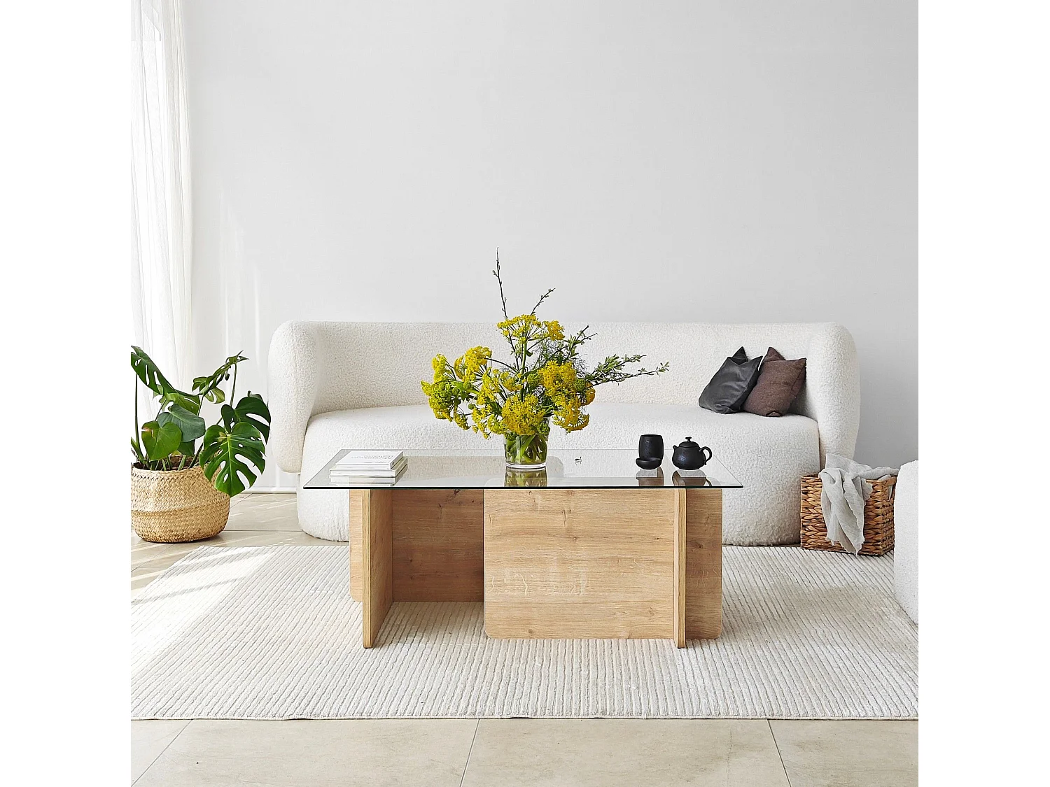 Table basse design Gelpio 150x65cm Bois clair et Verre Transparent