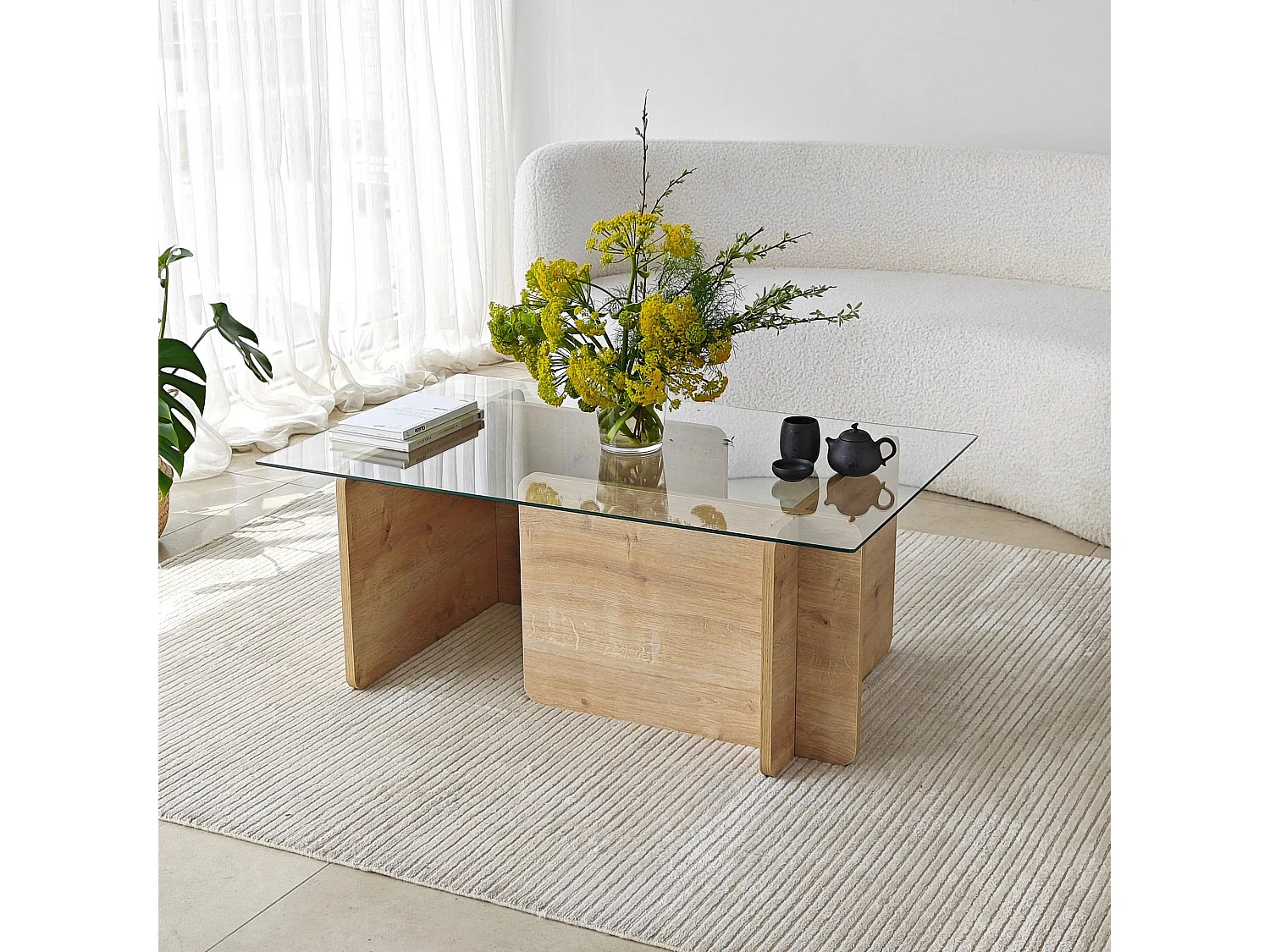 Table basse design Gelpio 150x65cm Bois clair et Verre Transparent