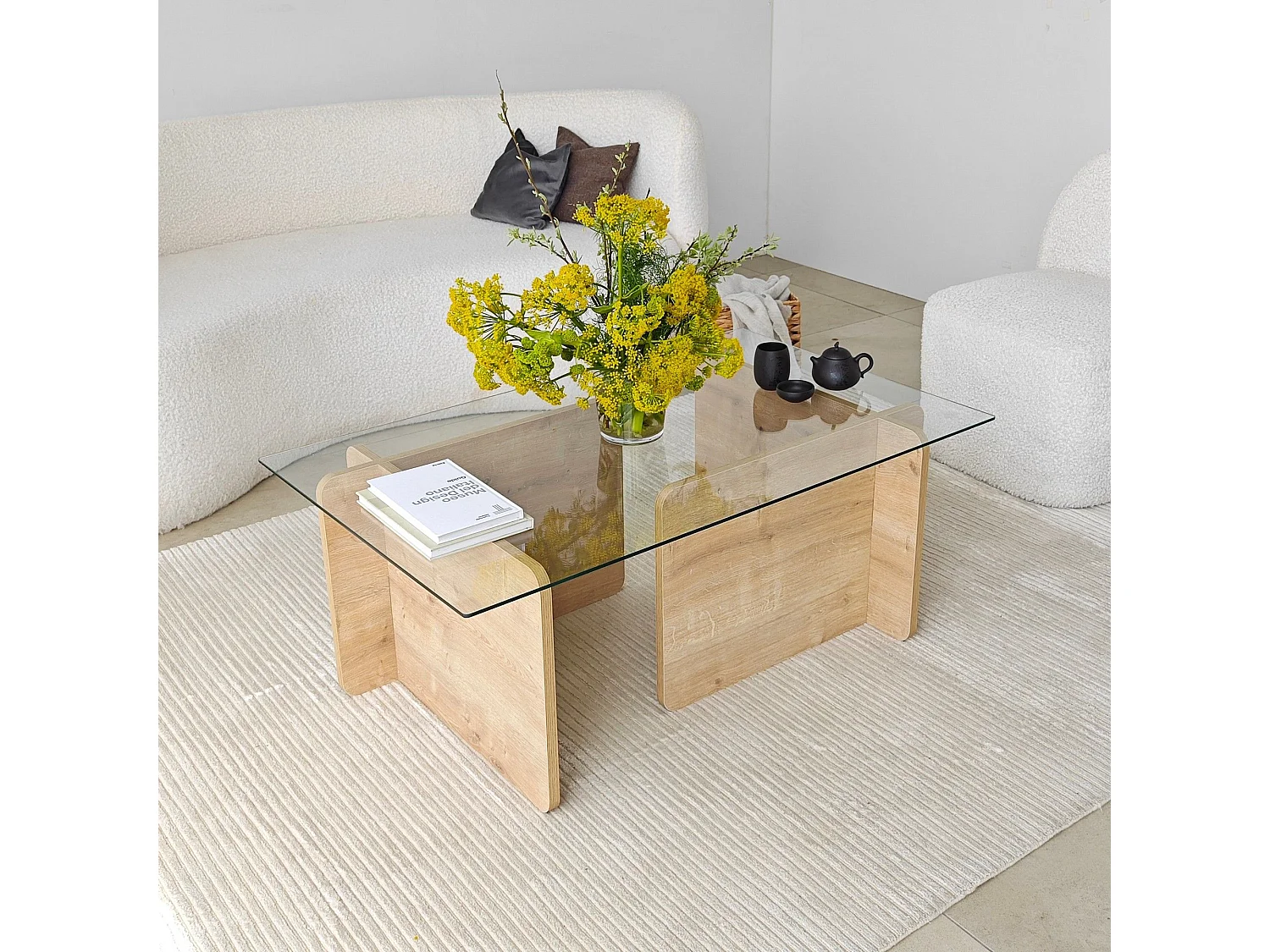 Table basse design Gelpio 150x65cm Bois clair et Verre Transparent