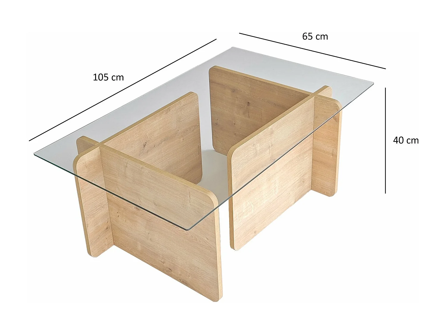 Table basse design Gelpio 150x65cm Bois clair et Verre Transparent