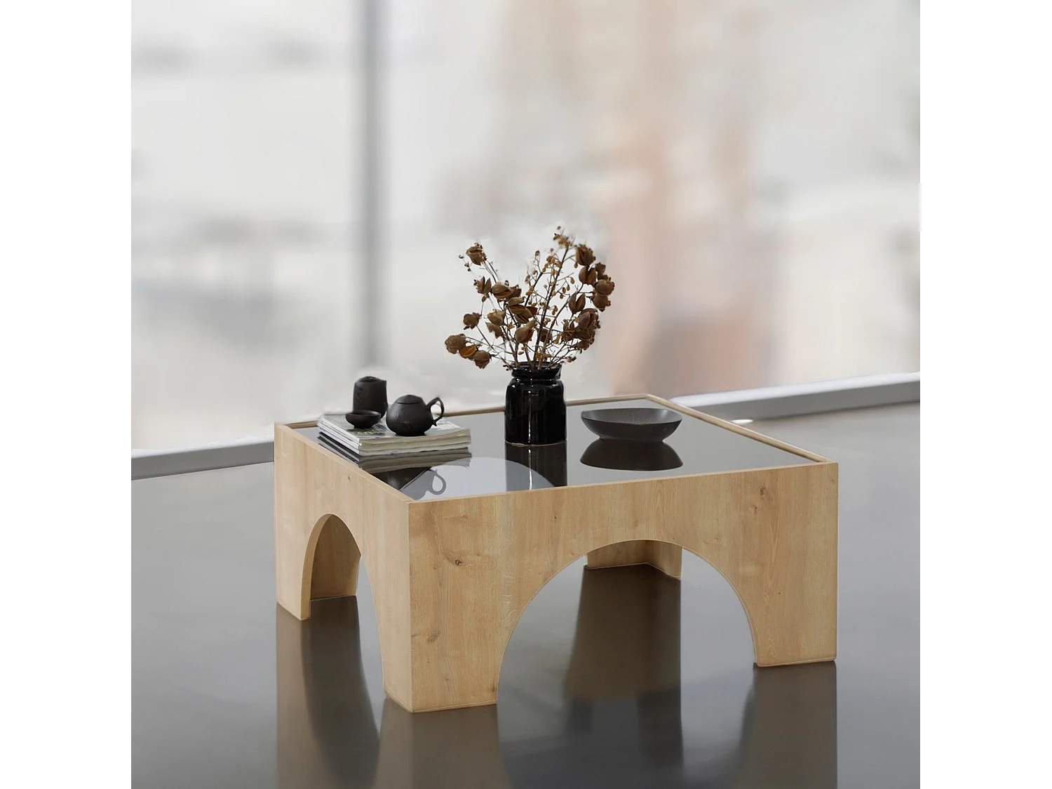 Table basse Vittina 80x80cm Bois Chêne clair et Verre fumé Gris