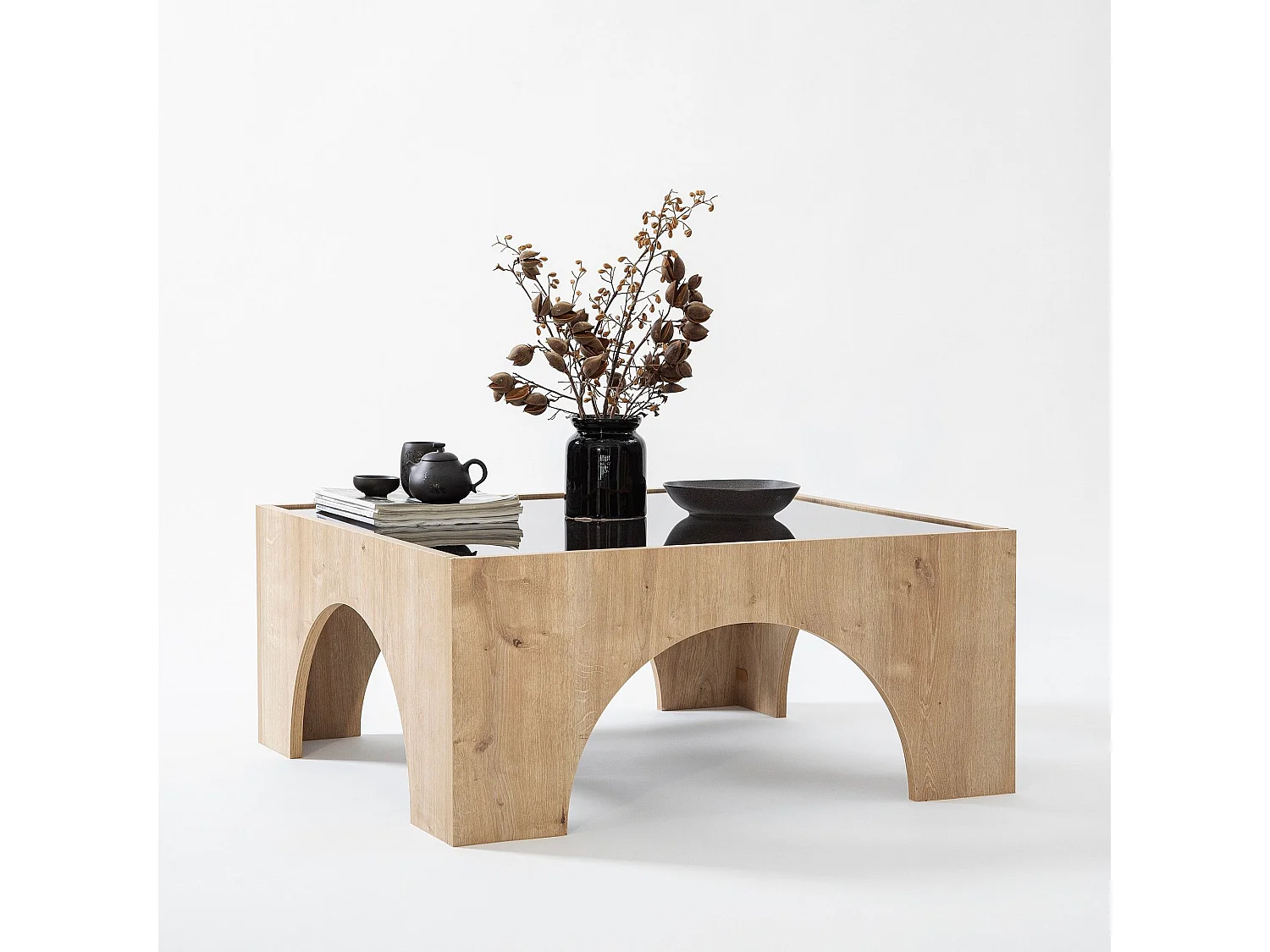 Table basse Vittina 80x80cm Bois Chêne clair et Verre fumé Gris