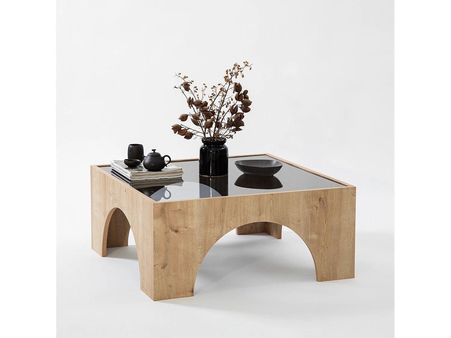 Table basse Vittina 80x80cm Bois Chêne clair et Verre fumé Gris