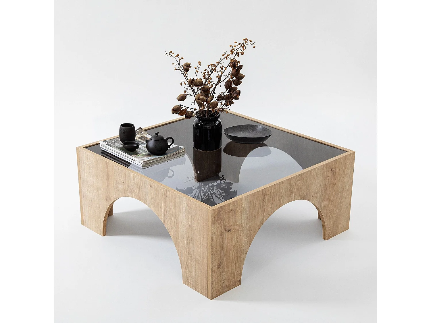 Table basse Vittina 80x80cm Bois Chêne clair et Verre fumé Gris