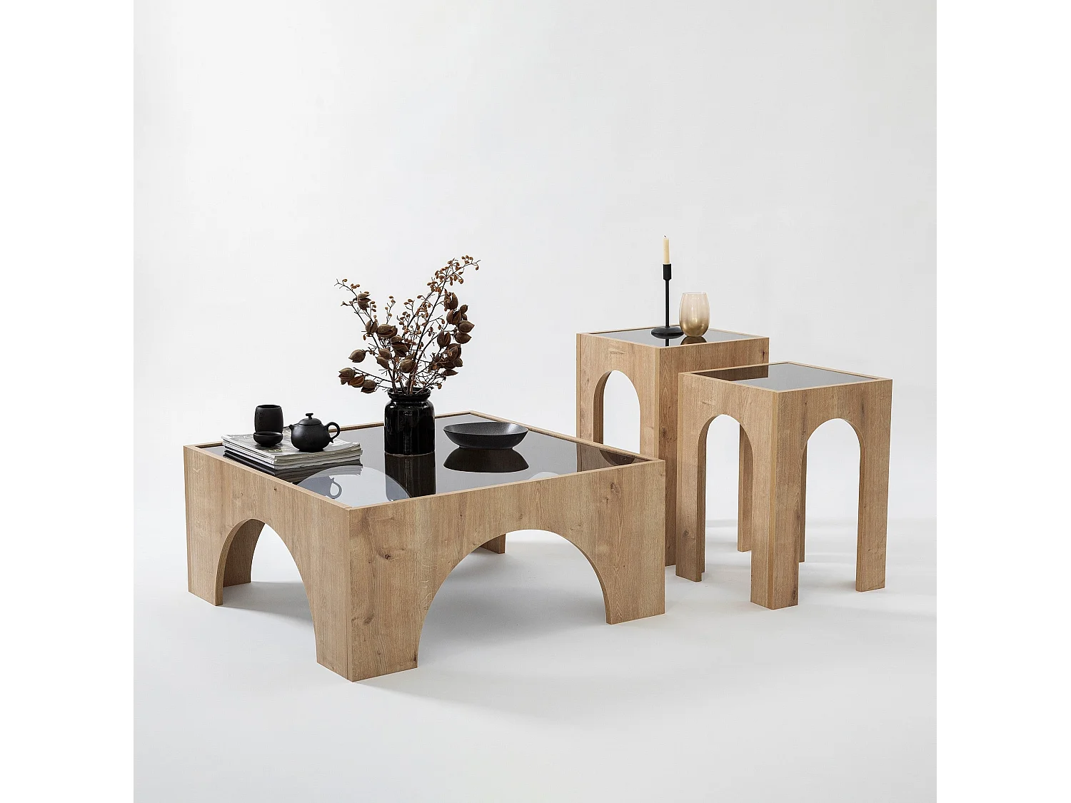 Table basse Vittina 80x80cm Bois Chêne clair et Verre fumé Gris