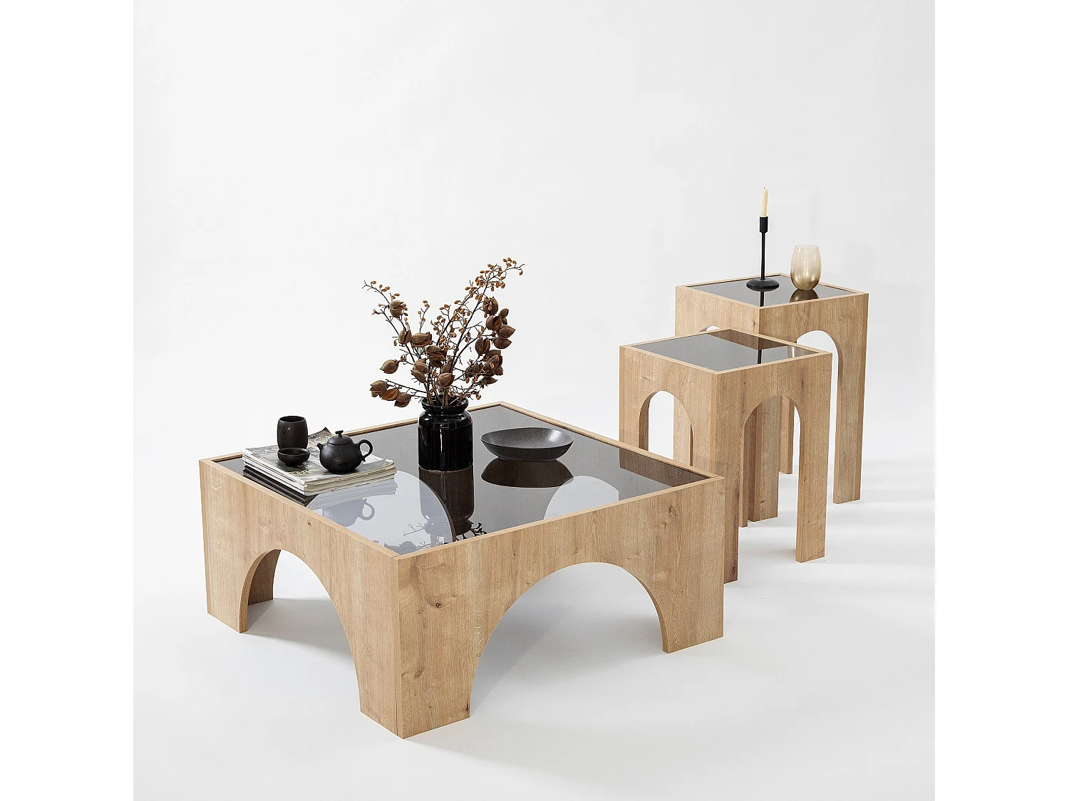 Table basse Vittina 80x80cm Bois Chêne clair et Verre fumé Gris