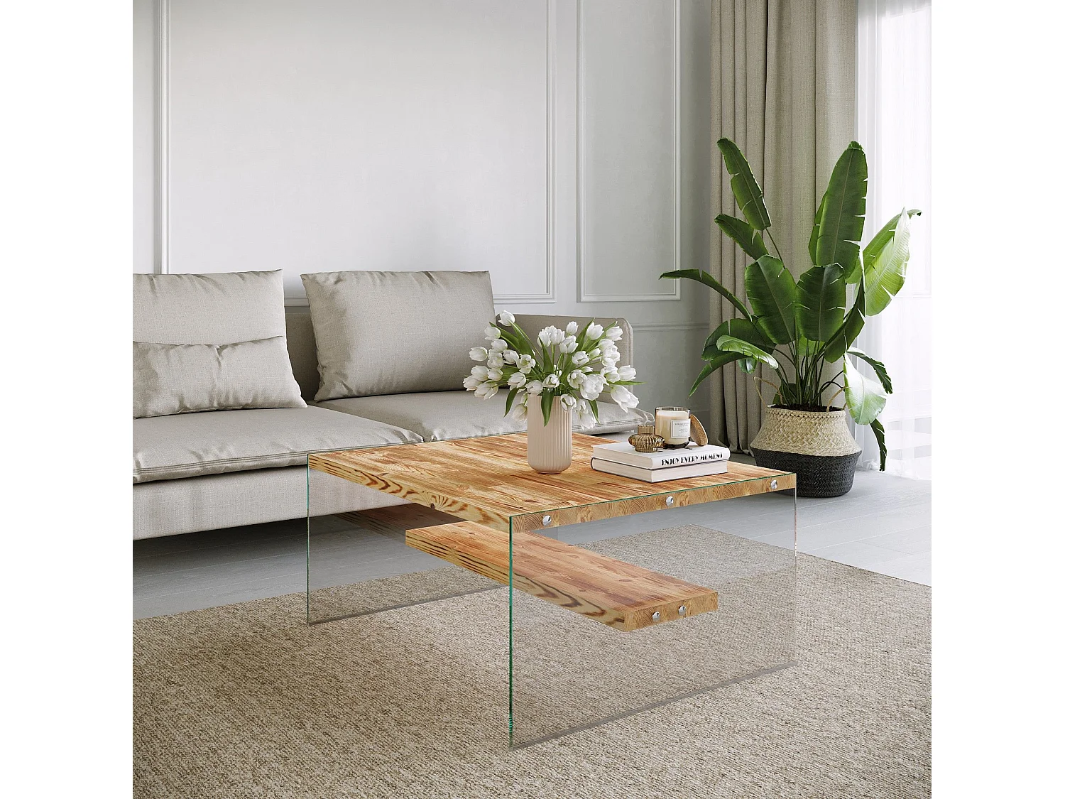 Table basse Translucens Verre trempé Transparent et Pin Massif clair