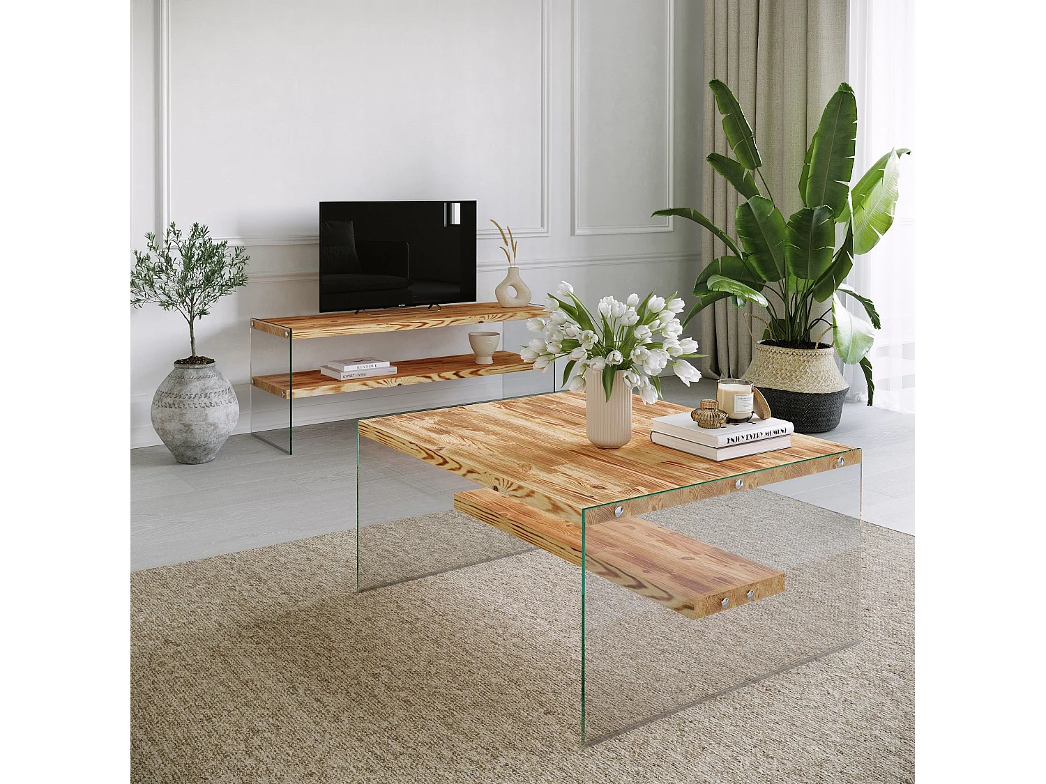 Table basse Translucens Verre trempé Transparent et Pin Massif clair