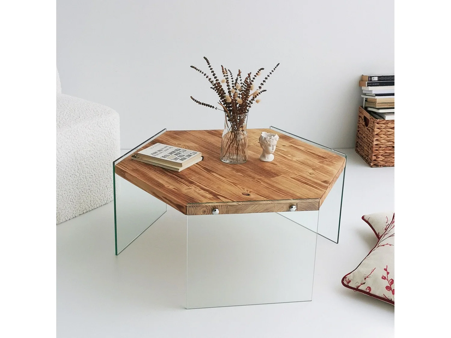 Table basse hexagonale Translucens Verre trempé Transparent et Pin massif Chêne clair