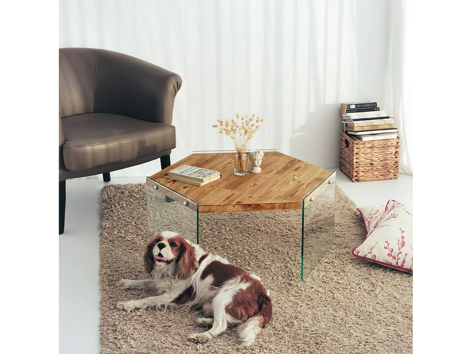 Table basse hexagonale Translucens Verre trempé Transparent et Pin massif Chêne clair